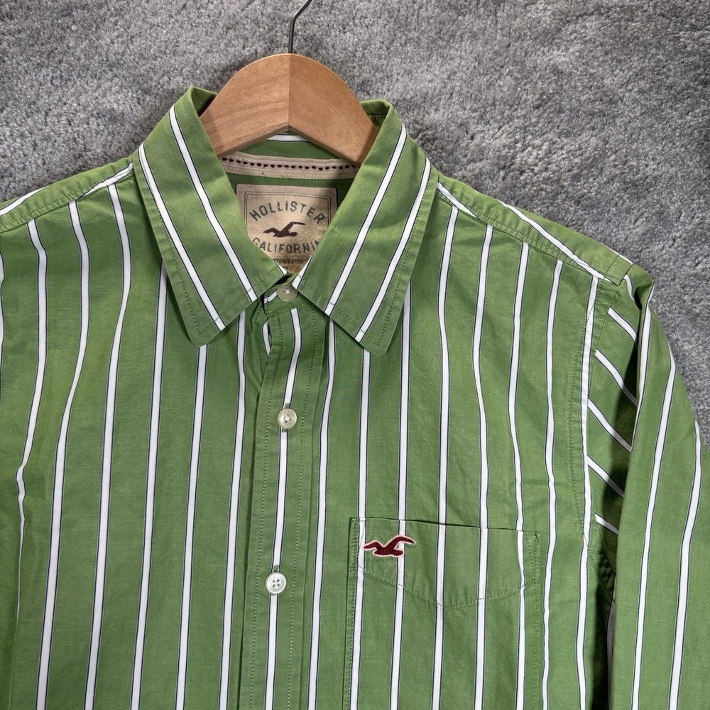 Vintage Hollister Shirt Mens L Green Striped Long Sleeve Button Up Logo Y2K